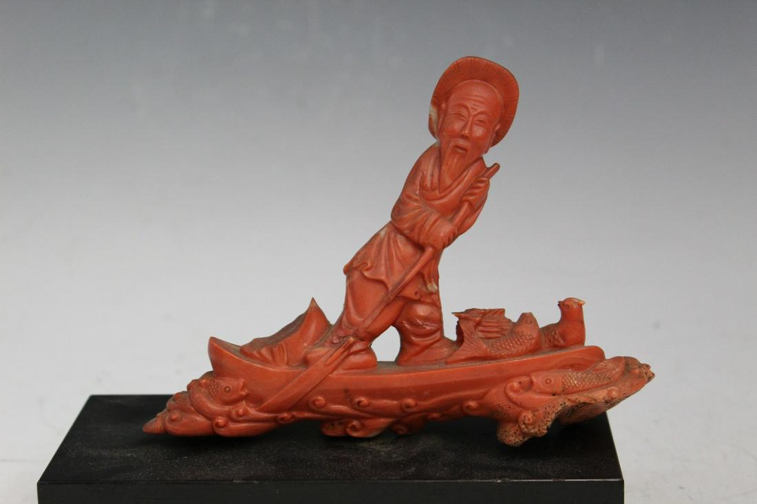 Chinese Carved Red Coral Statue on Wood Stand (1 of 4)