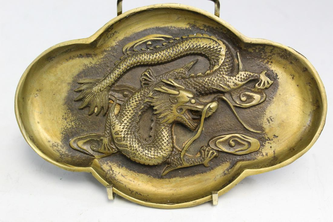 Chinese Brass Ashtray: Chinese Brass Ashtray. L 19 cm.