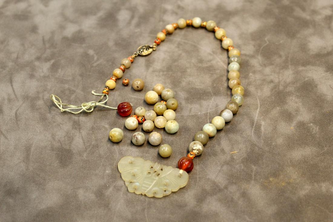 Chinese Stone Beads Necklace with Jade Pendant (1 of 3)