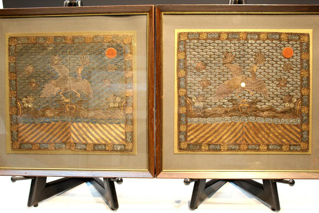 Lot of Two Framed Chinese Embroidery Court Badges (1 of 6)