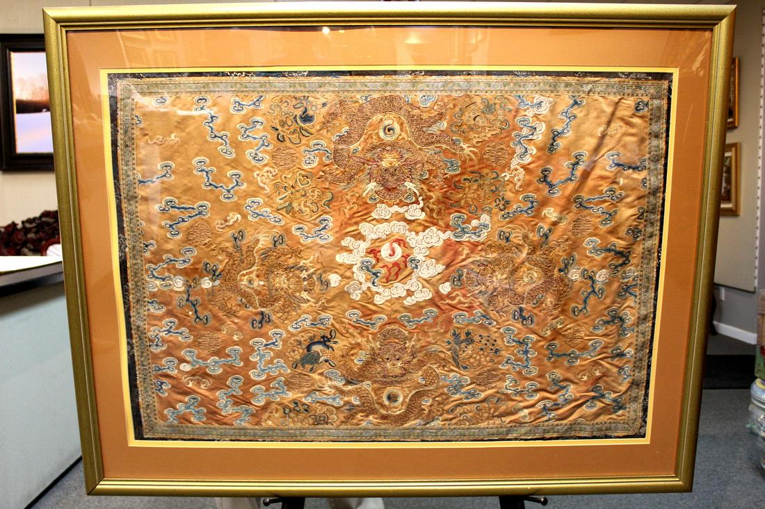 Framed Chinese Five Claw Dragon Silk Embroidery Tablecloth Cover Tapestry: Framed Chinese Five Claw Dragon Silk Embroidery Tablecloth Cover Tapestry. Window Size - 73cm x 104cm, Framed size 97cm x 127cm. In-house shipping not provided for this lot.