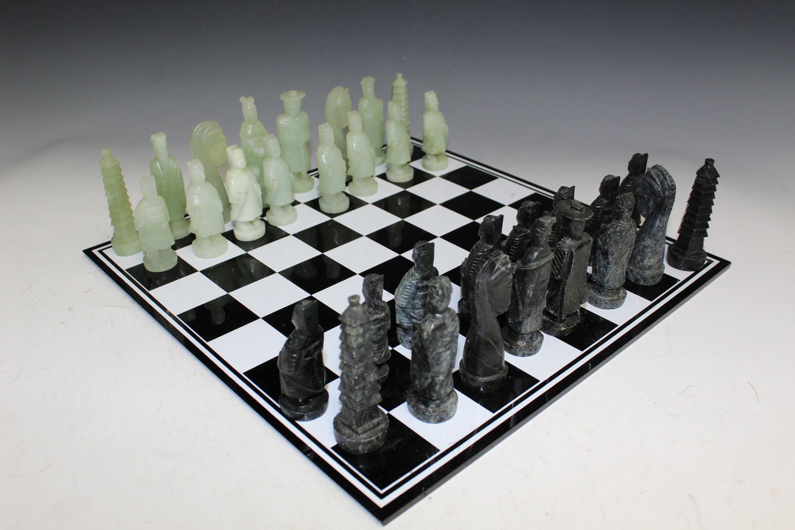 Chinese Carved Stone Chess Set: Chinese Carved Stone Chess Set. Tallest chess 9 cm