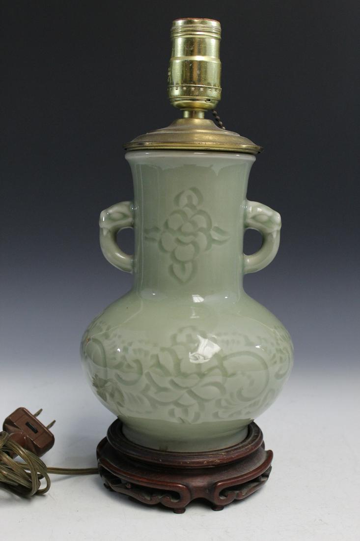 Chinese Celadon Glaze Porcelain Vase Lamp. (1 of 4)