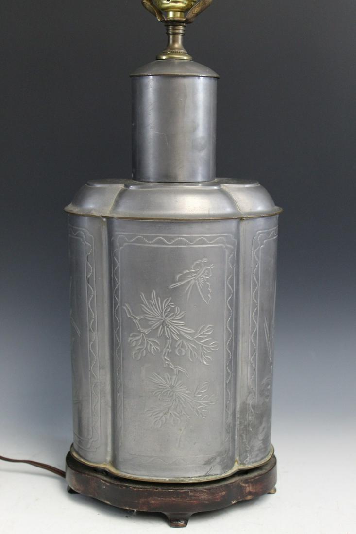 Chinese Pewter Tea Caddy Lamp: Chinese Pewter Tea Caddy Lamp. Tea Caddy H 35 cm, Total H 45 cm.