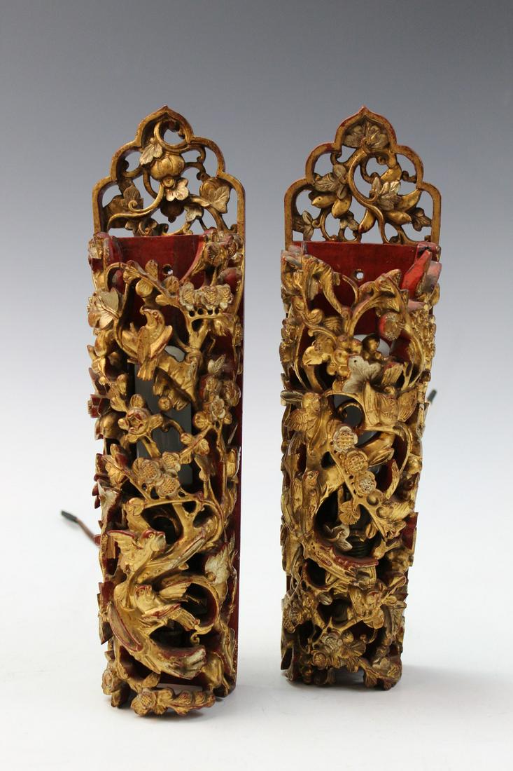 Pair of Chinese Gild Wood Wall Pocket Lamps (1 of 9)