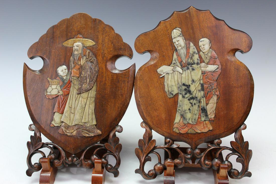 Pair of Chinese Wood Plaques with Soapstone Inlay (1 of 6)