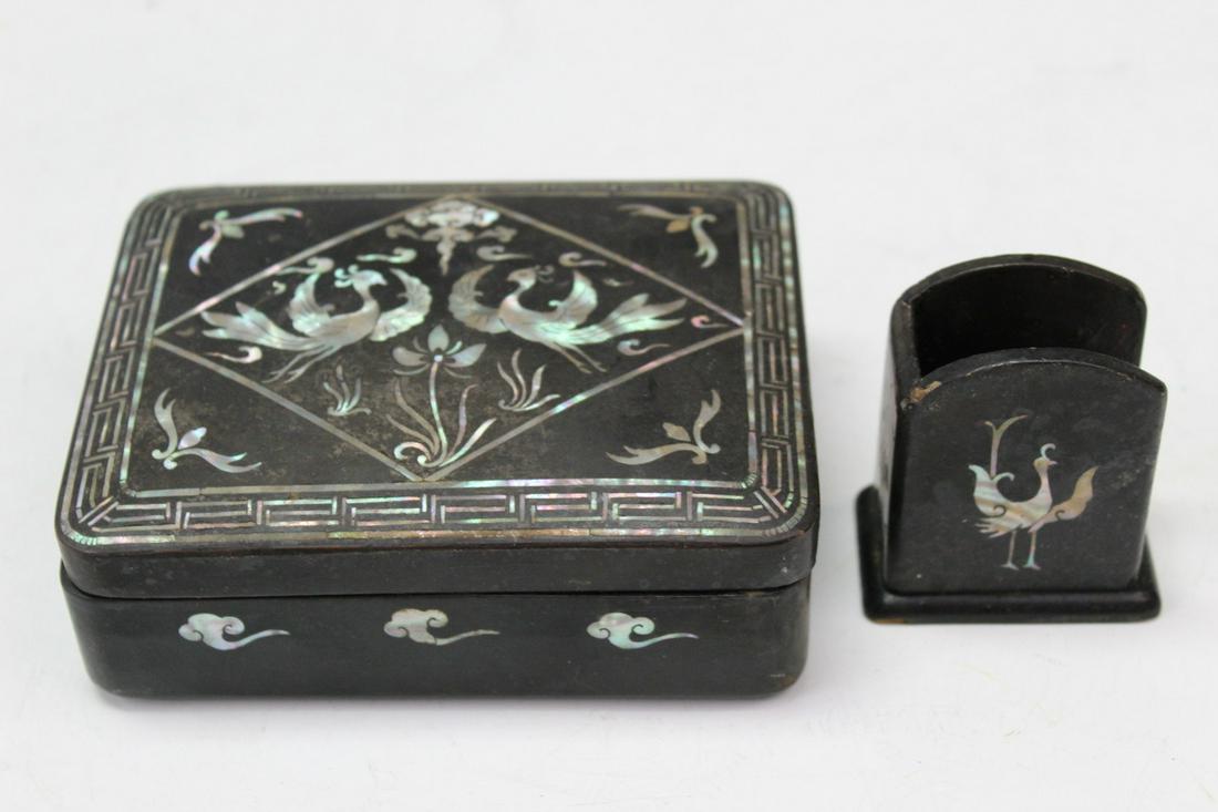 Korean Lacquered Cigarette Box and Match Box with Mother of Pearl Inlay: Korean Lacquered Cigarette Box and Match Box with Mother of Pearl Inlay. 13cm x 10cm x 4cm