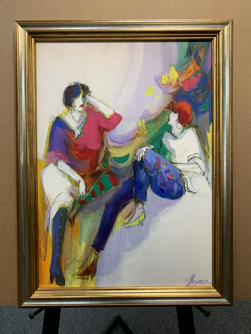 Framed Signed original acrylic painting on canvas by Isaac Maimon of two ladies: Framed Signed original acrylic painting on canvas by Isaac Maimon of two ladies. Framed Size 24.5" x 33", Unframed Size 20" x 28"