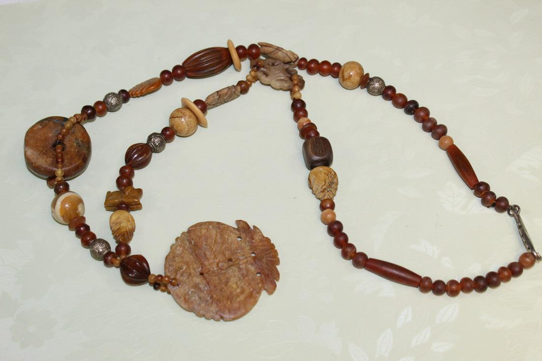 Chinese Horn Beads Necklace with Carved Jade/Stone Pendant (1 of 6)