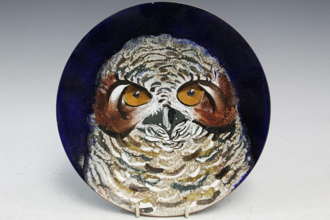 Norman Brumm Enamel on Copper Dish of an Owl: Norman Brumm Enamel on Copper Dish of an Owl. Diam 21 cm