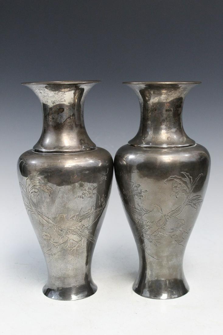 Pair of Oriental Silver Color Metal Vases with Carved Bird Decorations (1 of 7)