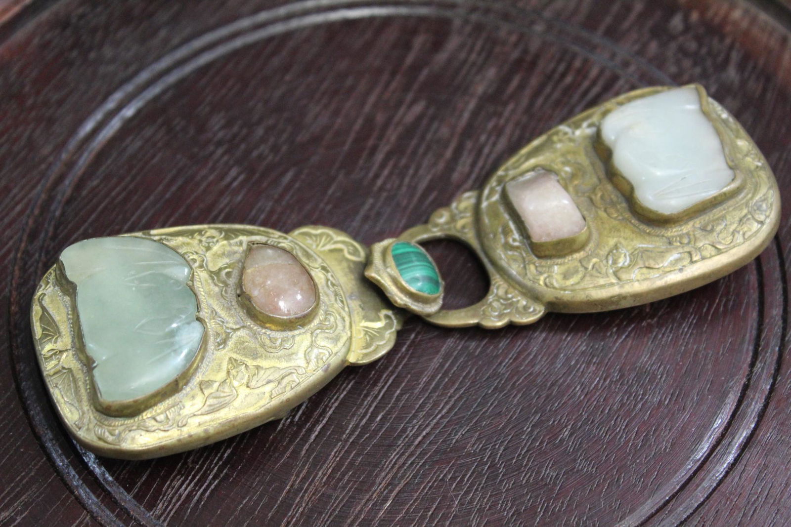 Chinese Gold Gilt Belt Buckle with Precious Stones Inlay (1 of 3)