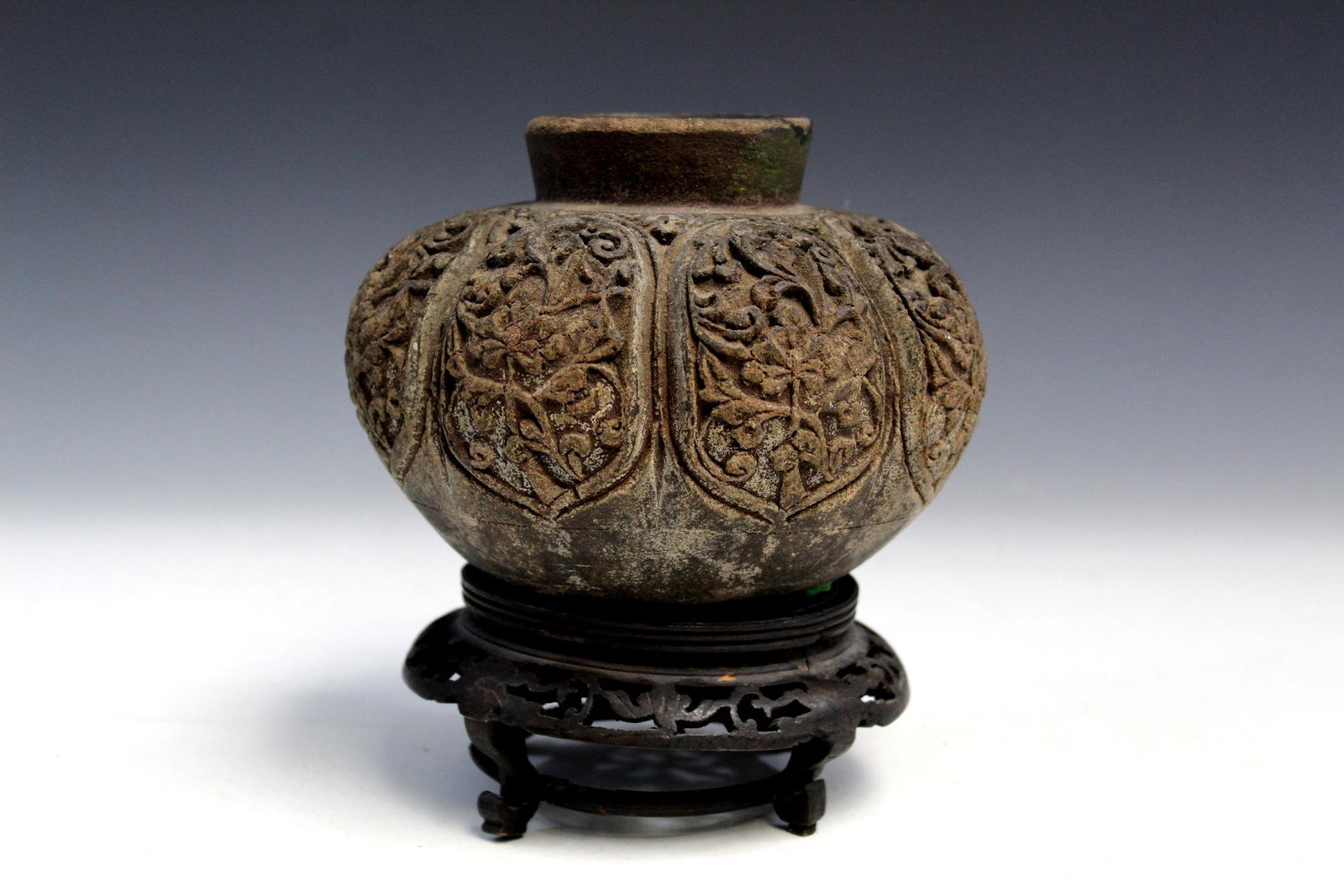Chinese carved pottery jar.: Chinese carved pottery jar. Ht 12 cm. Provenance: From Maria Worthington estate in Virginia. Maria Worthington lived in Philippines with her husband, Amos, who worked for the U.S. foreign assistance p