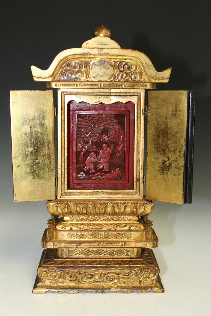 Carved Chinese Cinnabar Plaque in a Gilt Wood Shrine (1 of 5)