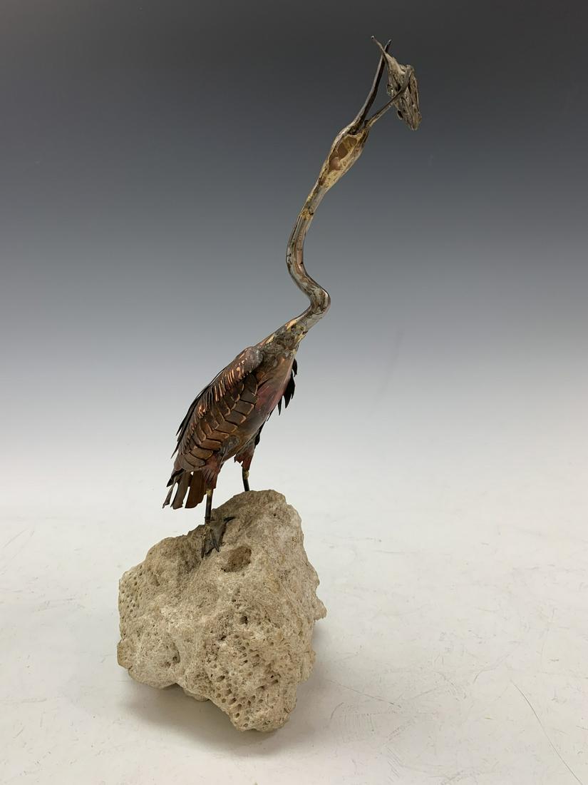 Signed by Del Filardi. Unique, Original Heron Catching Fish Metal Sculpture, 1978. (1 of 5)
