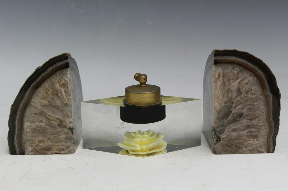 Pair of Geo Stone Bookends and a Inkwell: Pair of Geo Stone Bookends and a Inkwell. Bookend H 10 cm. Inkwell L 11.5 cm