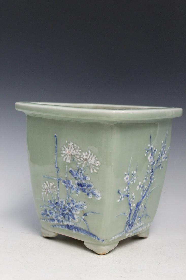 Asian Celadon Glazed Porcelain Planter with Flowers Decoration. (1 of 7)