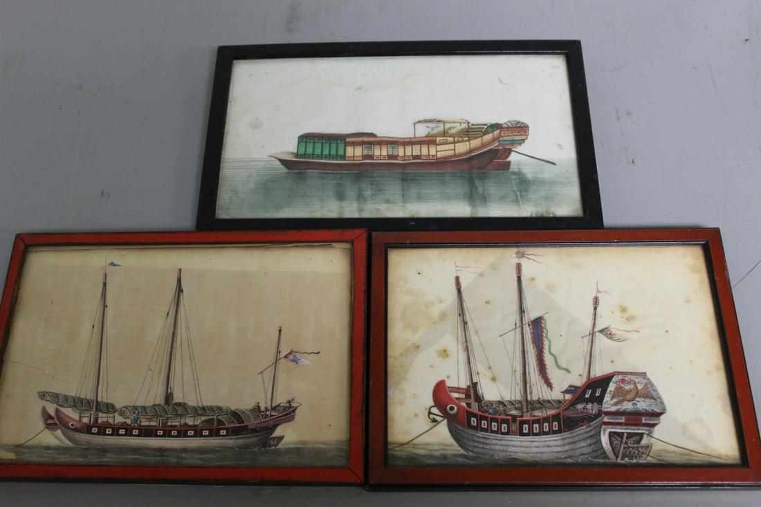 Three Chinese Gouache Paintings of Boat (1 of 4)