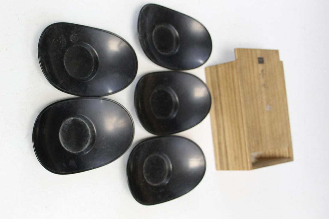 Five Japanese Lacquered Cup Holders in a Wood Box: Five Japanese Lacquered Cup Holders in a Wood Box. L11.5 cm