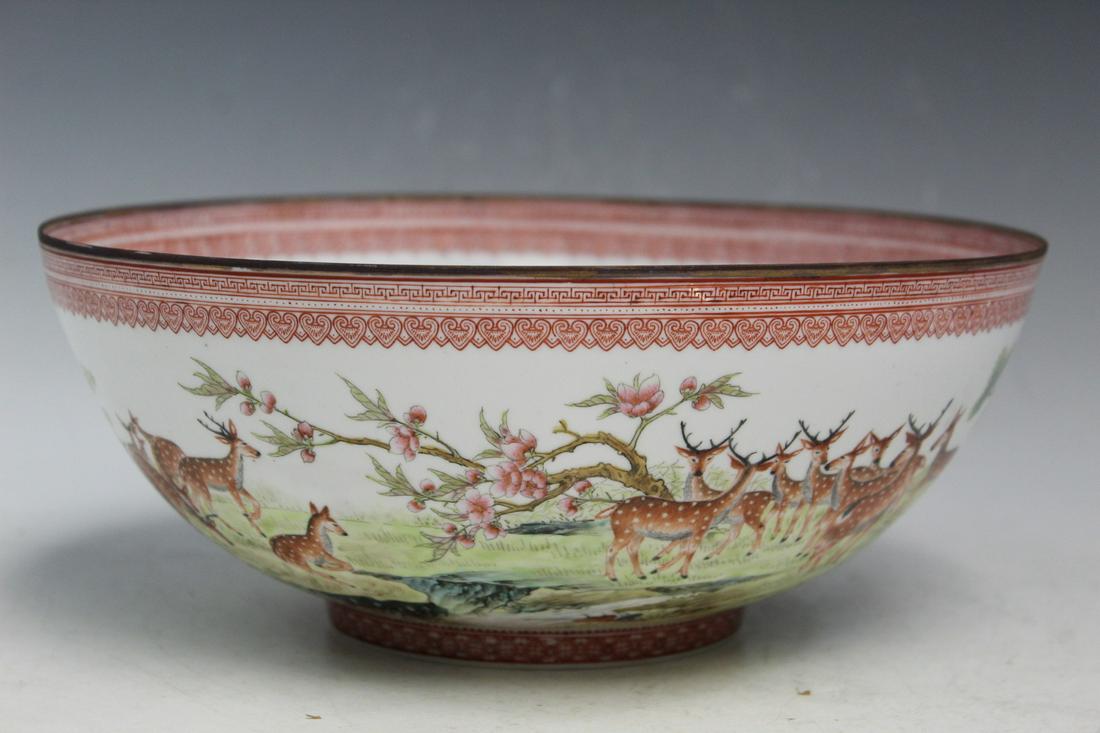 Large Chinese Hand Painted Eggshell Porcelain Bowl of Deers and Cranes (1 of 9)