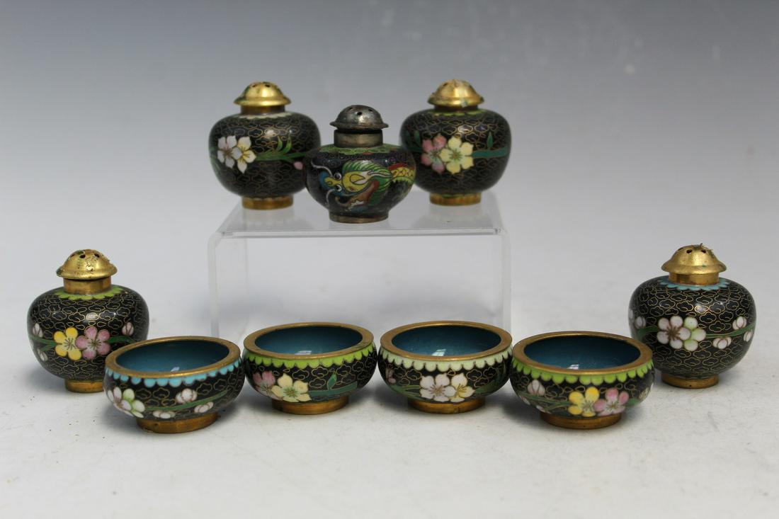 Five Chinese Cloisonne Salt and Pepper Shakers and Four Small Cups (1 of 6)