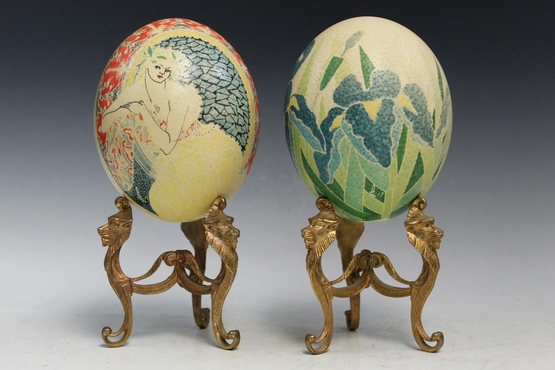 Two Painted Ostrich Eggs on Stands (1 of 6)
