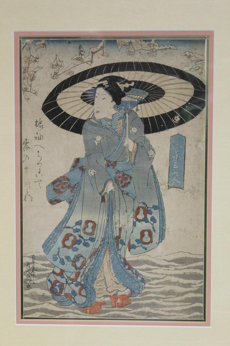Three Beauties with Snow and Plum Blossoms, Sencho, Japanese Woodblock Print.: Three Beauties with Snow and Plum Blossoms, Sencho, Japanese Woodblock Print.. 35x22 cm, frame 58x44 cm