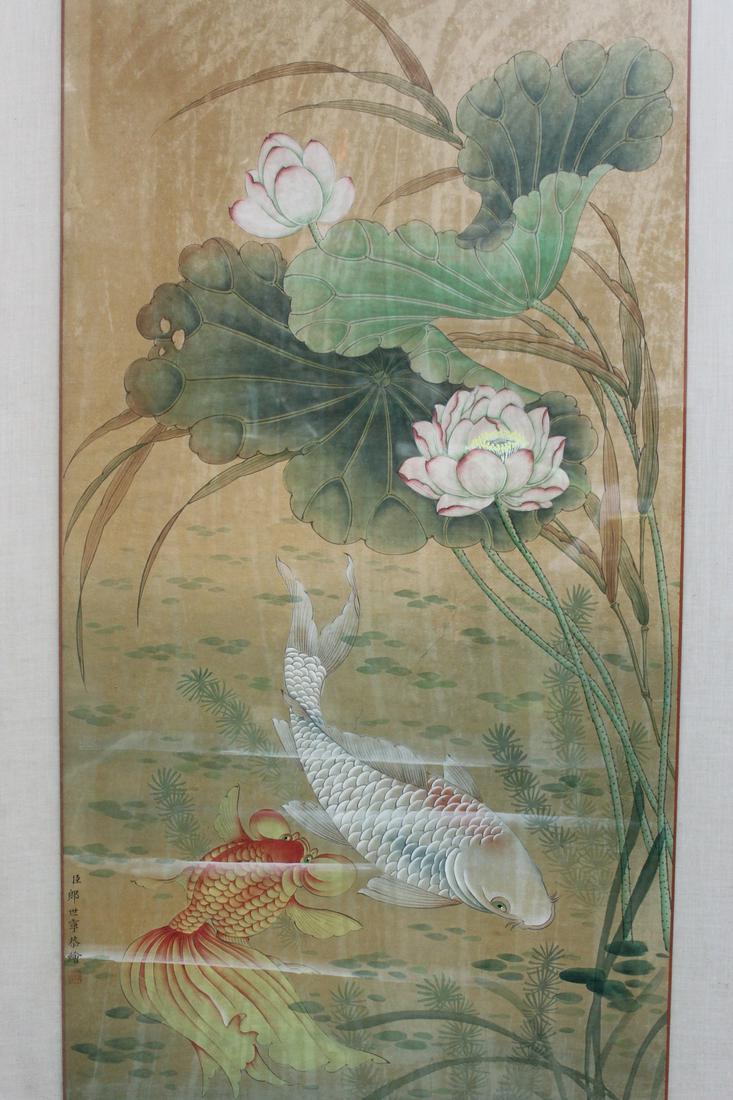 Fishes and Lotus Flowers, Chinese Watercolor Painting on Silk: Fishes and Lotus Flowers, Chinese Watercolor Painting on Silk. Ink Signed. 108x57 cm, frame 135x83 cm