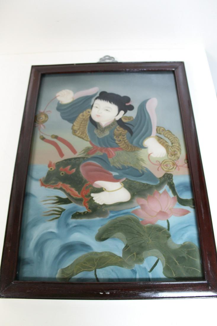 Chinese Reverse Painting on Glass of a Girl Riding a Frog: Chinese Reverse Painting on Glass of a Girl Riding a Frog. 55x39 cm frame.