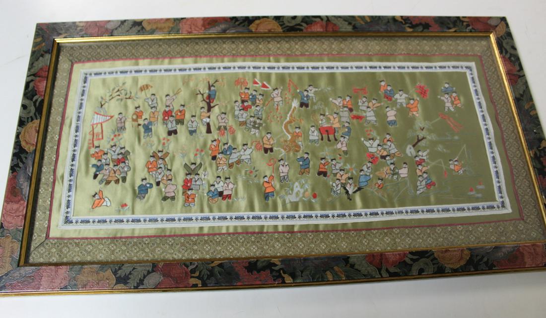 Chinese Embroidery Piece of Hundred Boys at Play.: Chinese Embroidery Piece of Hundred Boys at Play.. 67x36 cm frame.