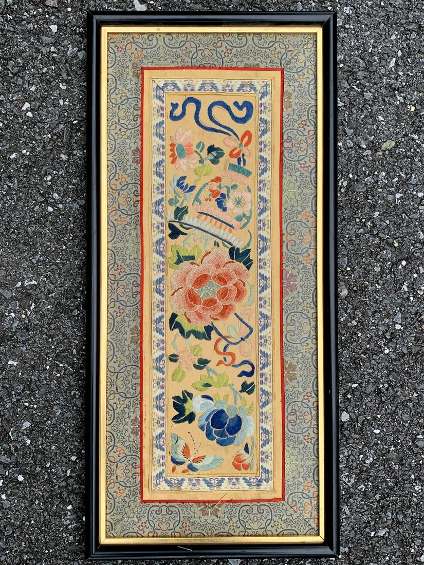 Chinese embroidery piece.: Chinese embroidery piece. Frame size 55 x 25 cm. Embroidery size 40 x 11 cm