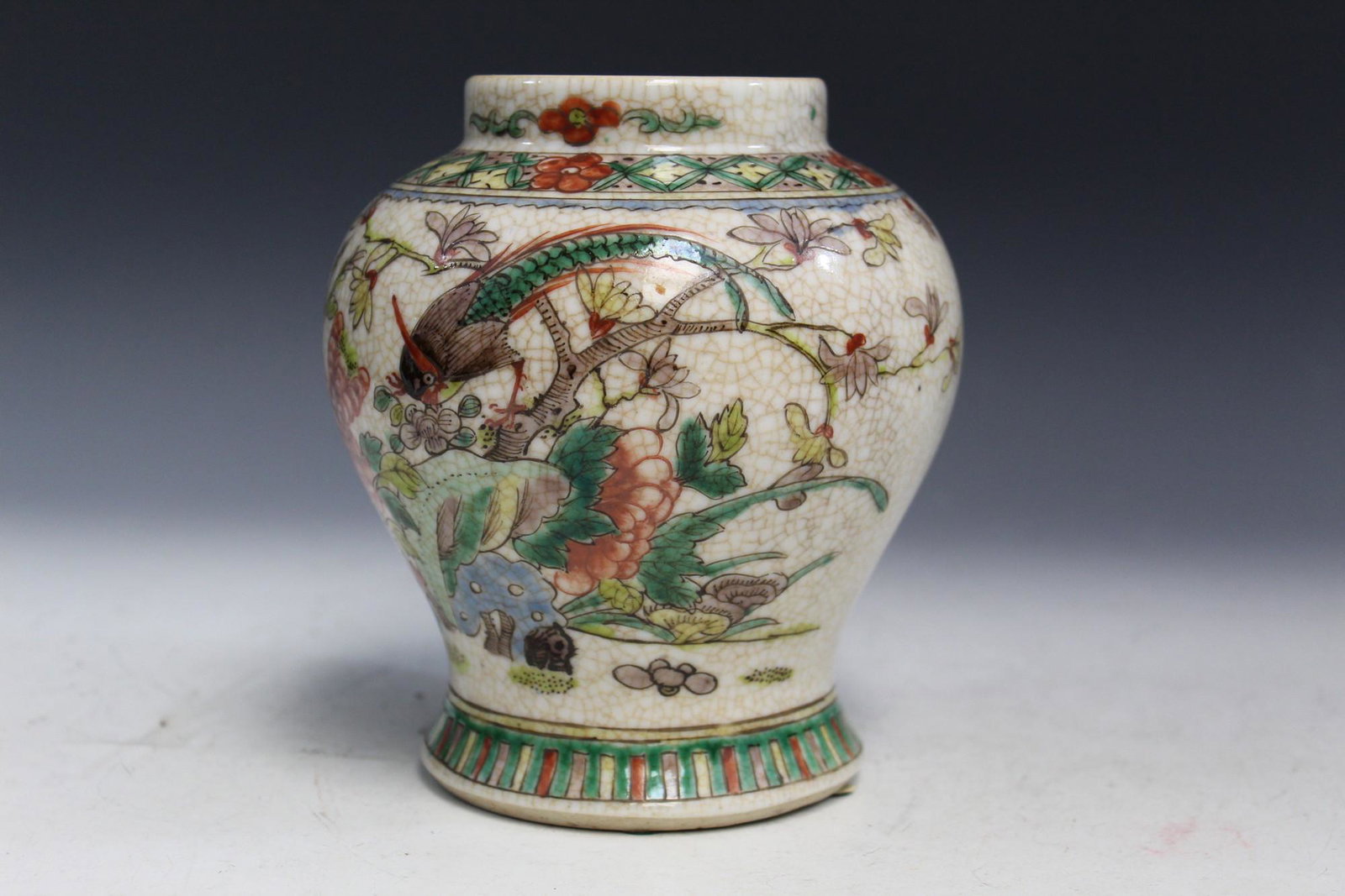 Chinese Famille Rose on Crackle Glaze Porcelain Jar: Chinese Famille Rose on Crackle Glaze Porcelain Jar. H 15 cm