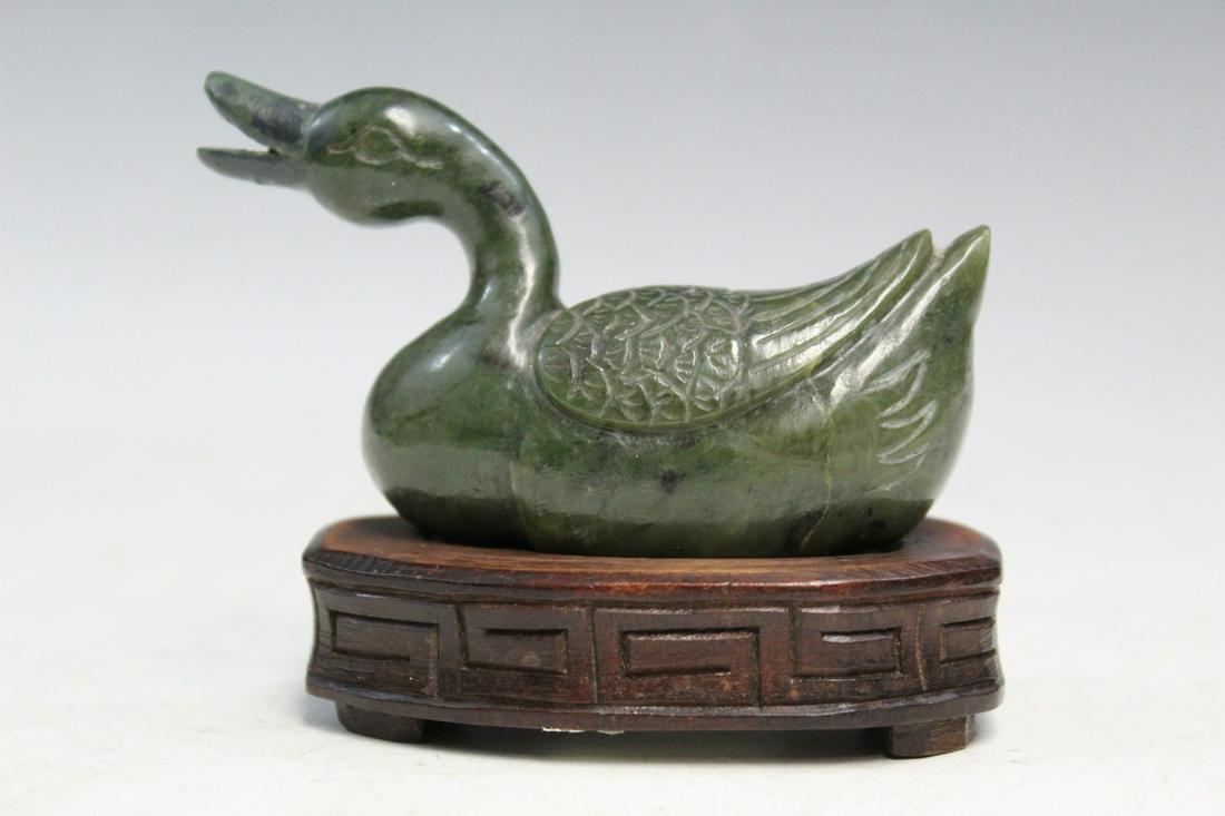 Chinese Carved Spinach Jade Duck Figurine on Wood Stand (1 of 7)