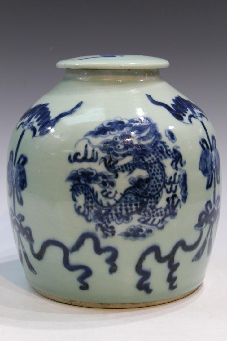 Chinese Celadon Glazed Blue and White Porcelain Jar: Chinese Celadon Glazed Blue and White Porcelain Jar. H 23 cm