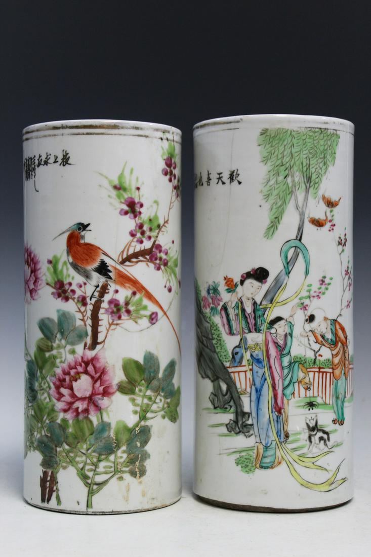Two Chinese famille rose porcelain hat vases.: Two Chinese famille rose porcelain hat vases. Ht 27.5 cm both.