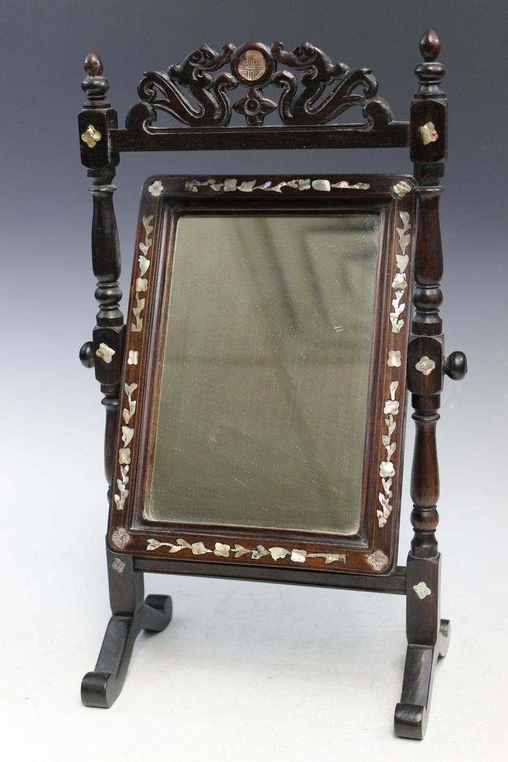 Chinese Rosewood Table Mirror: Chinese Rosewood Table Mirror. H 39 cm