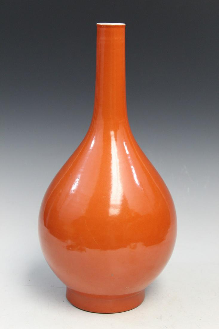 Chinese Coral Red Glaze Porcelain Long Neck Vase (1 of 6)