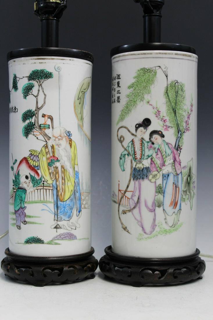 Two Chinese Porcelain Hat Vase Lamps: Two Chinese Porcelain Hat Vase Lamps. H 27 cm, total H 71 cm.