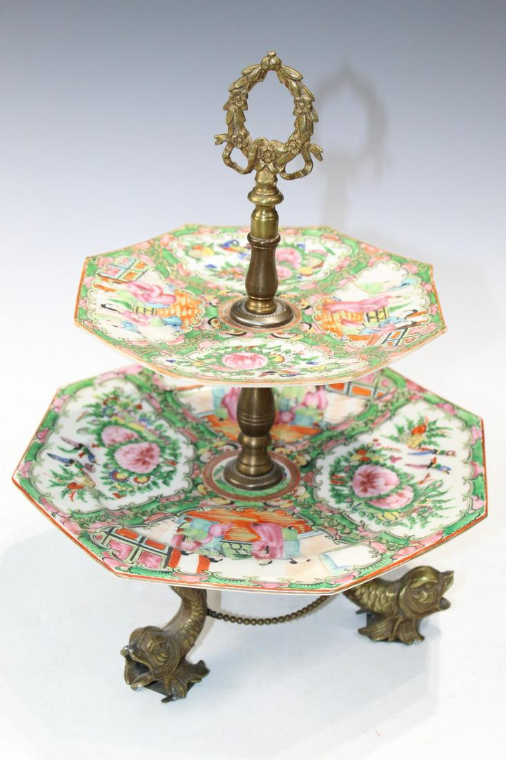 Chinese Two Tier Rose Medallion Porcelain Brass Stand Server (1 of 7)
