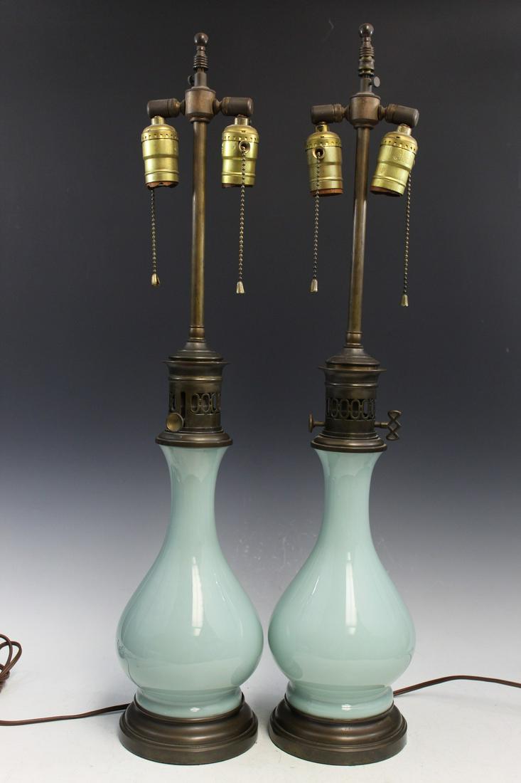 Pair of Celadon Color Chinese Style Glass Lamps: Pair of Celadon Color Chinese Style Glass Lamps. H 25 cm, Total H 67 cm