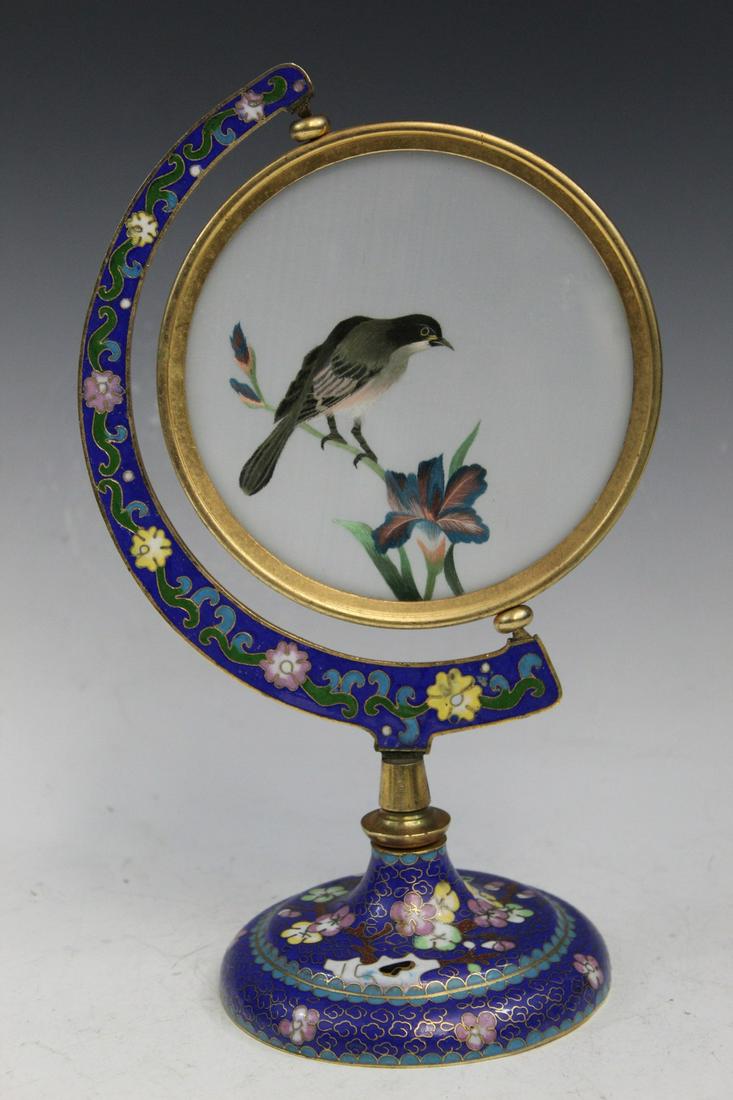 Chinese Cloisonne Double-side Needlework Screen: Chinese Cloisonne Double-side Needlework Screen. H 27 cm.