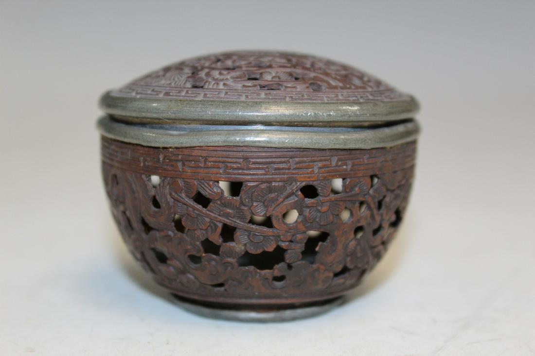 Chinese Carved Coconut Pewter Box.: Chinese Carved Coconut Pewter Box.. Diam 6.4 cm