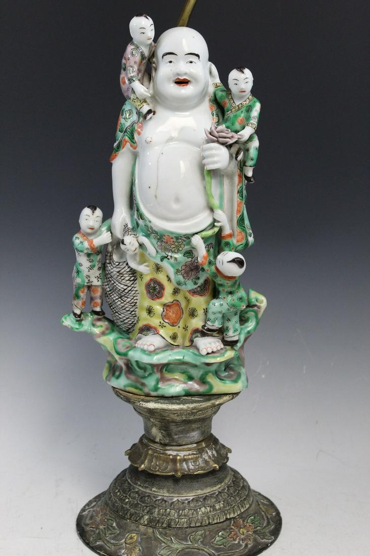 Chinese Famille Verte Porcelain Figure of Laughing Buddha Lamp (1 of 9)