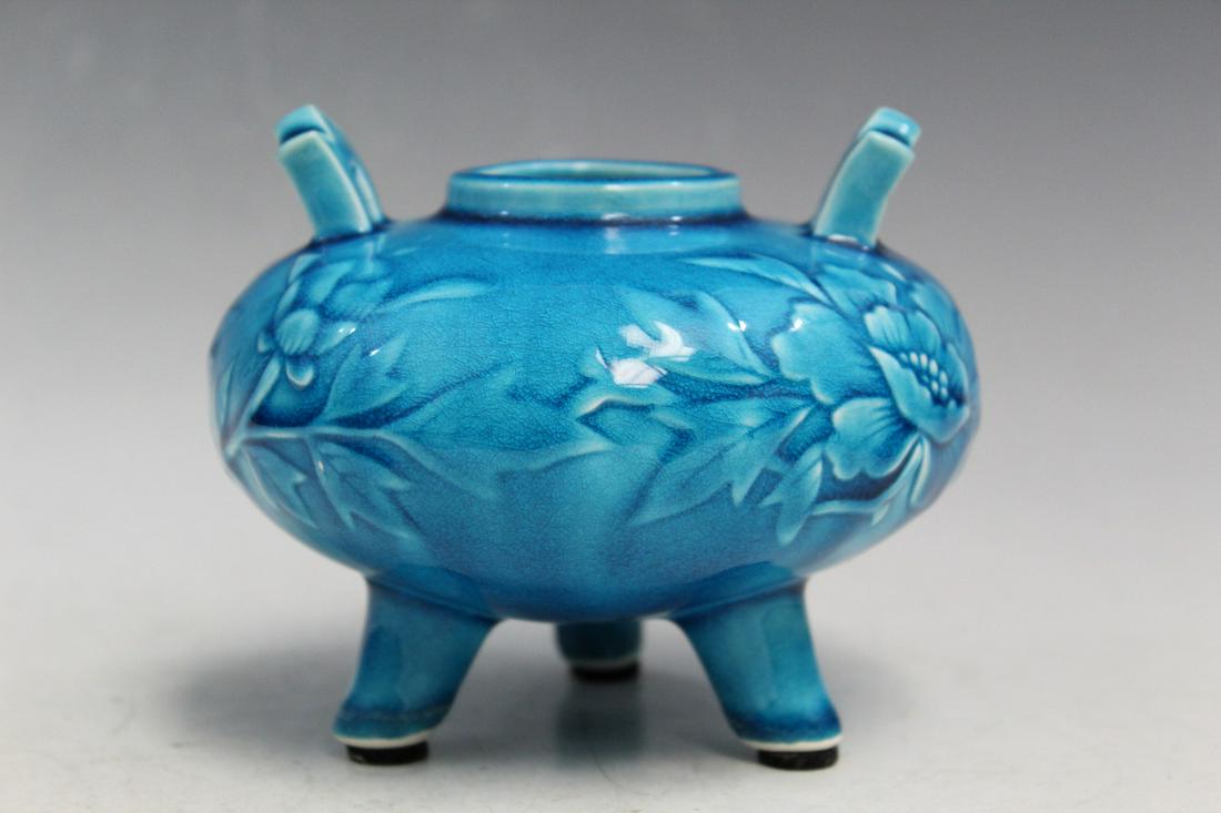 Chinese Turquoise Glazed Porcelain Incense Burner: Chinese Turquoise Glazed Porcelain Incense Burner. Diam 12 cm