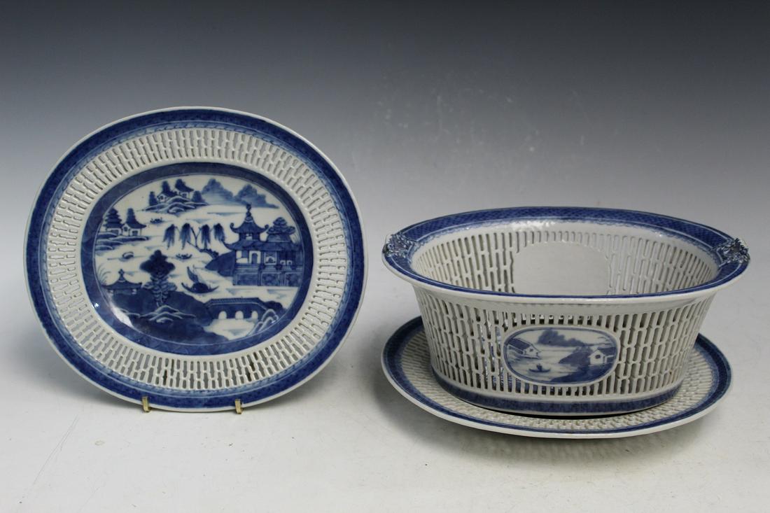 Chinese Export Nanking Porcelain Reticulated Chestnut Basket and Two Dishes (1 of 6)