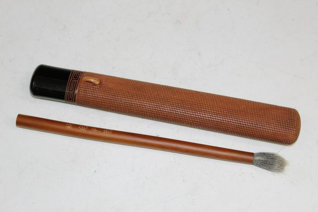 Japanese Carved Wood Pipe Box and a Chinese Brush (1 of 4)
