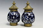 Pair of Brass Blue and White Porcelain Inkwells