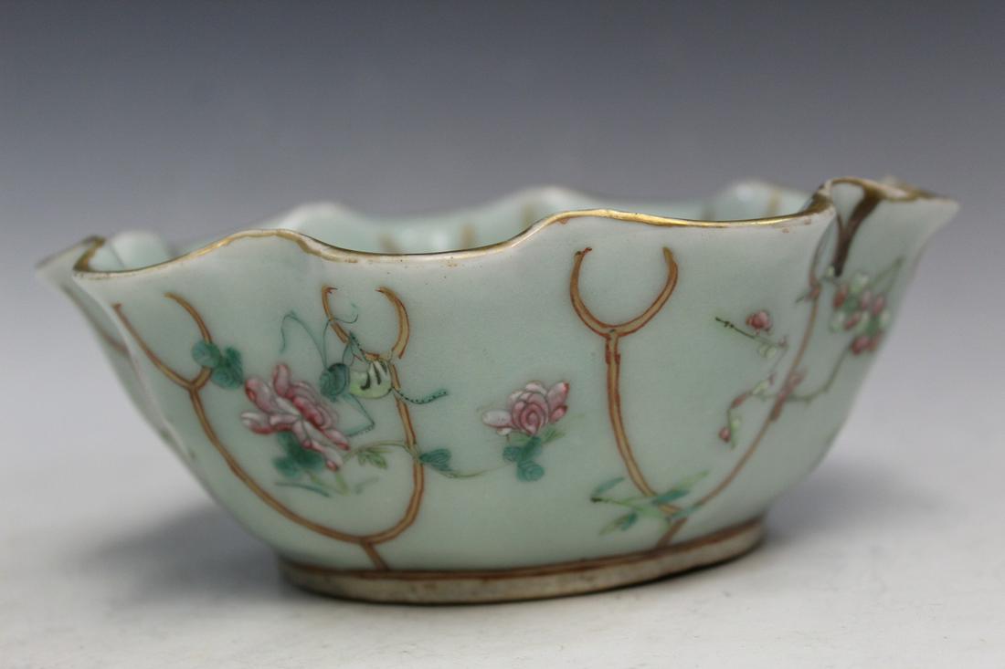 Chinese Celadon Glazed Famille Rose Porcelain Bowl: Chinese Celadon Glazed Famille Rose Porcelain Bowl. Diam 17.5 cm