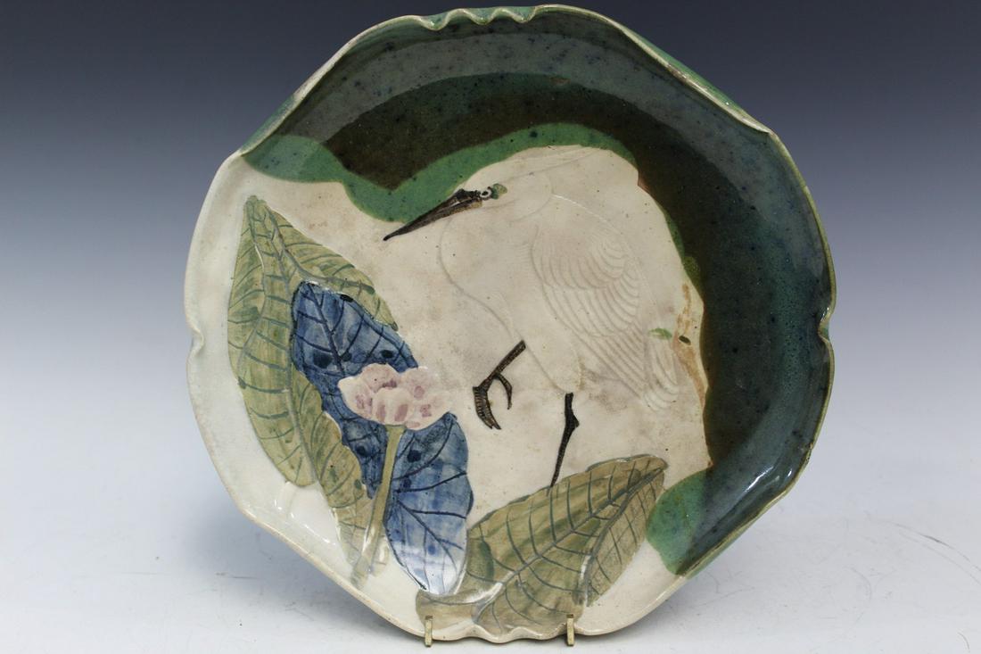 Japanese Pottery Charger with Egret and Lotus Flower Decoration: Japanese Pottery Charger with Egret and Lotus Flower Decoration. Diam 27.5 cm.