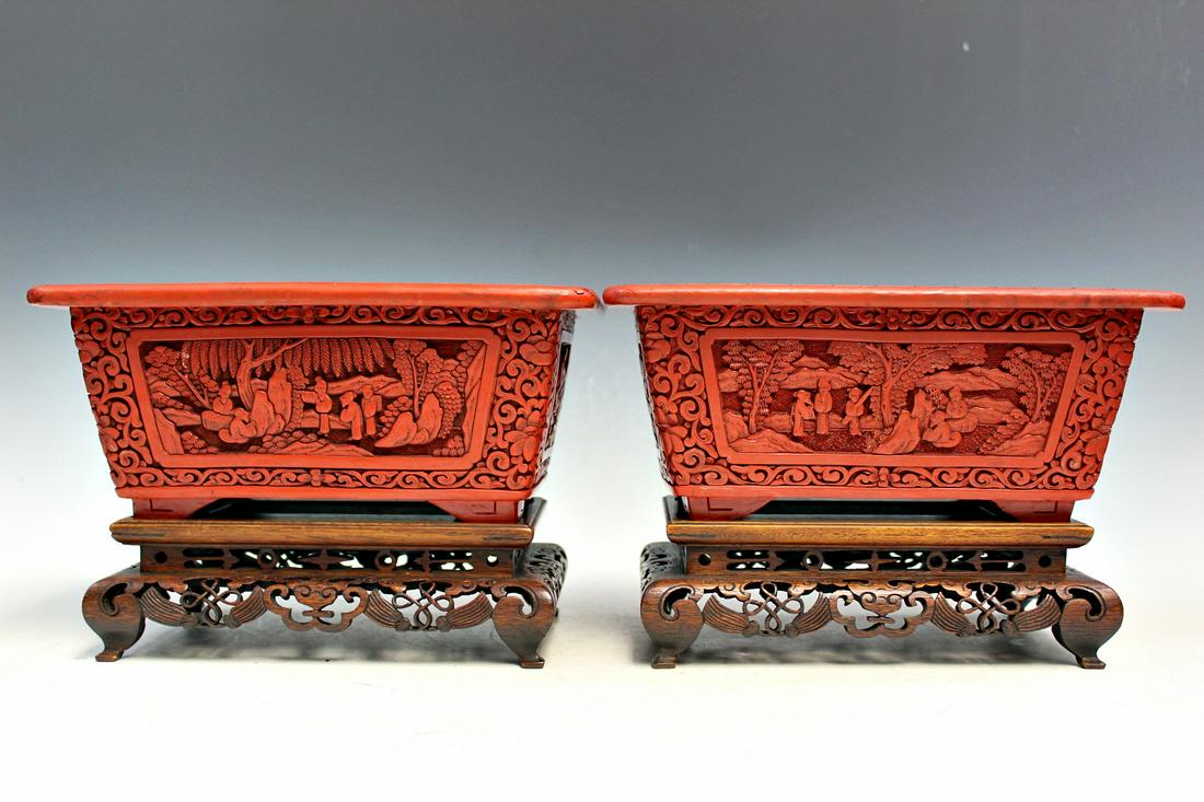 Pair of Chinese Cinnabar Planters on Wood Stands (1 of 16)